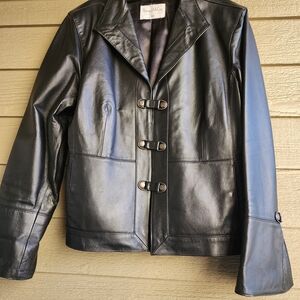 Pamela McCoy Black Leather Jacket with Buckle Accents